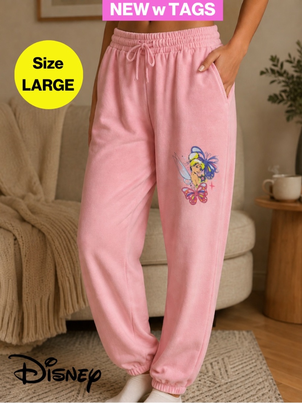 NEW w/TAGS 🏷️ DISNEY’s Tinkerbell Pink Comfy Lounge Joggers (Women’s Large)